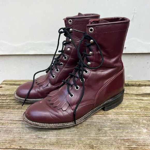Vintage 80s Justin Boots Dark Cherry Lace Up Roper Kilte Fringe Cowgirl 5.5B - Picture 3 of 6